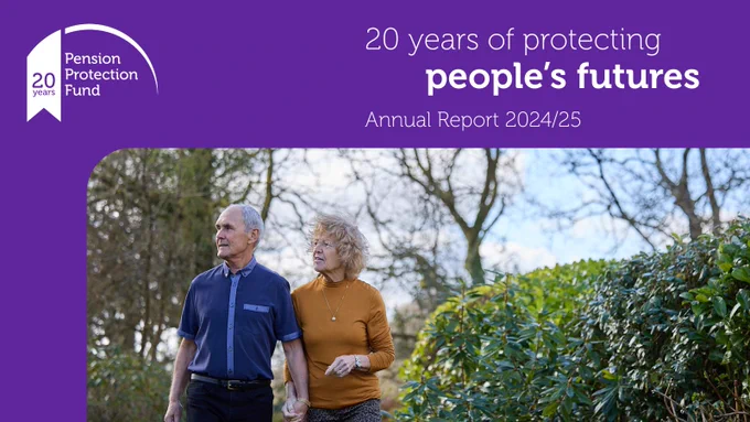 PPF members walking outside. Text reads: 20 years of protecting people's futures, Annual Report 2024/25. 