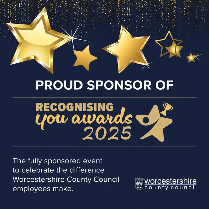 Promotional graphic for Worcestershire County Council, proud sponsor of the Recognising You Awards 2025, featuring golden stars and sparkles on a navy background. Text highlights the event celebrating the difference employees make.