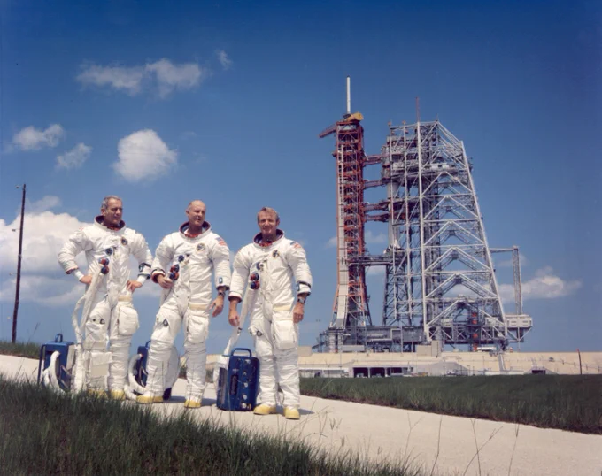 in this photo taken just over 50 years ago on July 3, 1975, the three American ASTP crewmembers pose in front of the Saturn-1B at Pad 39 of NASA's Kennedy Space Center following the countdown demonstration test. From left to right they are Donald K. Slayton, Thomas P. Stafford, Vance D. Brand.
