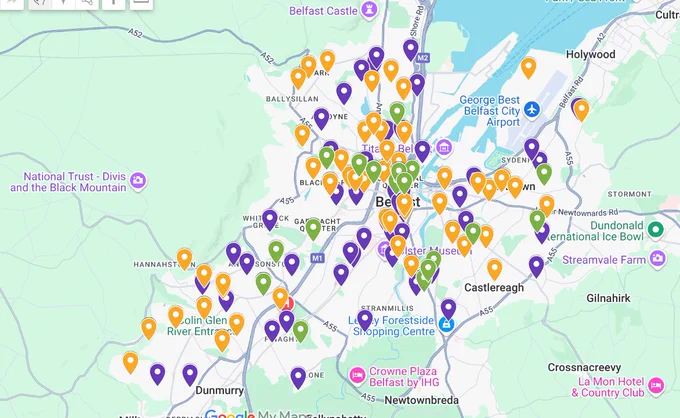 Map of Belfast with pins of all the social enterprises supported in teh last 3 years