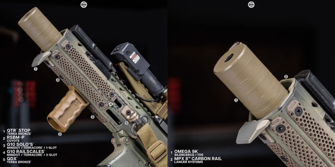 RailScales QTR Stop, RSBM-P Polymer M-LOK VFG, 1-Slot MiniDot TerraCore G10 Solo's & 3-Slot MiniDot TerraCore G10 RailScales M-LOK Scales, QDX Sling Mount, Halftop Mount for Scout Light Pro Lights, MCX CSMR Button | Sig Sauer 4.25" 9mm MPX-K, SilencerCo Omega 9K Suppressor, Surefire M340V-Pro IR Scout Light w/ Geissele Surefire Vampire Throw Lever, Lancer Systems MPX 8" Carbon Rail, Aimpoint Micro T-2 RDS on Unity Tactical FAST Micro Mount, Steiner Optics CQBL-1 Laser on HRF Concepts SKIFF Mount, Geissele MPX Trigger & MPX SCH, Parker Mountain Machine Ultra Light Skeleton Stock.