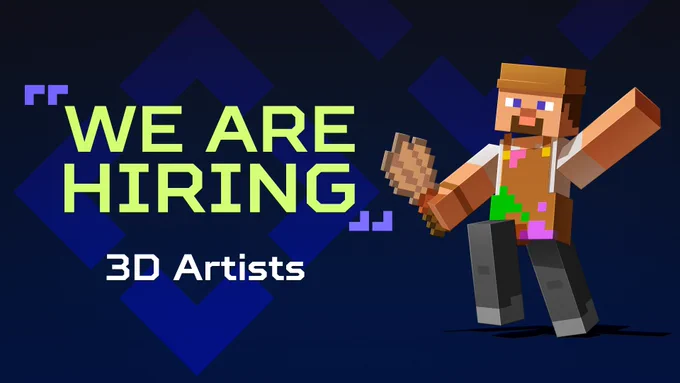 Steve holding a Brush item next to the text "We are Hiring 3D Artists".