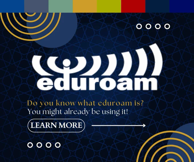 Dark blue technology-themed backround with eduroam logo and learn more button. 