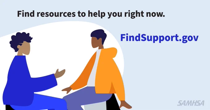 Two animated characters talking with text reading: Find resources to help you right now. FindSupport.gov