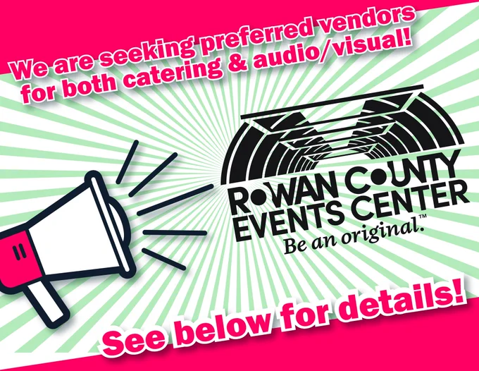 Graphic with megaphone and Events Center logo seeking preferred vendors for catering and audio/visual.
