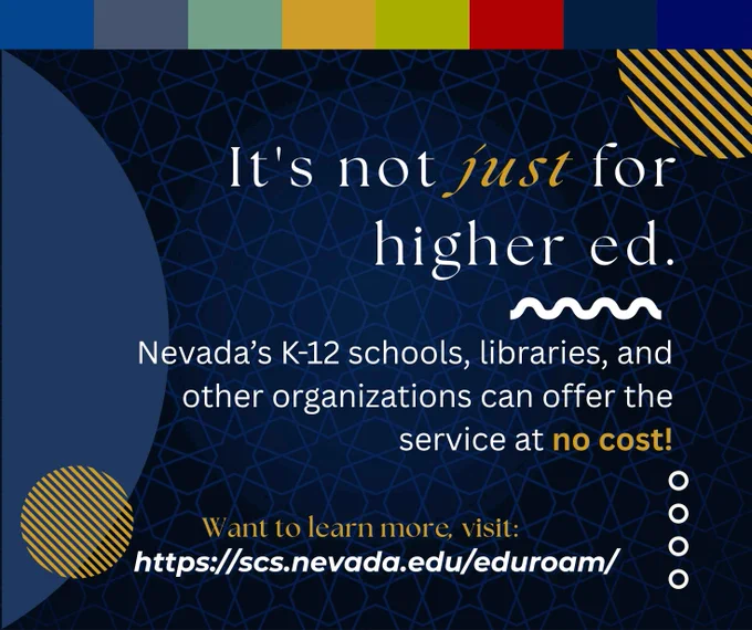 Tech background stating eduroam is not just for higher ed, but for K-12 schools, libraries, and other organizations, all for free!