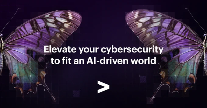 A digital slide showing two purple butterfly wings and the text: "Elevate your cybersecurity to fit an AI-driven world" with the Accenture logo.