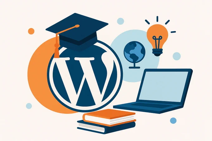 Image of the WordPress logo surrounded by academic items such as a laptop and books.