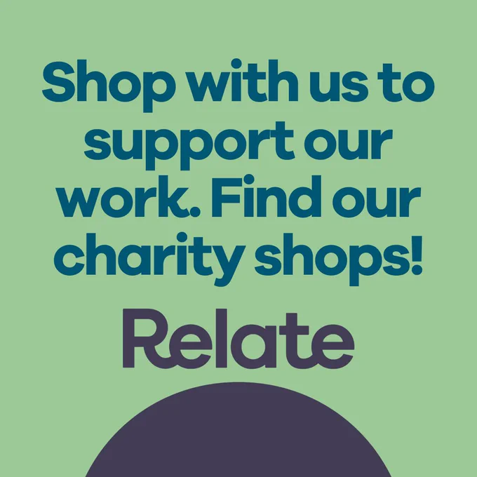 Advertisement for Relate charity shops encouraging shopping to support their work, set against a green background with shades of blue text.