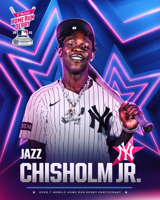 Jazz Chisholm Jr., 2025 T-Mobile Home Run Derby Participant
Pictured: Jazz Chisholm Jr. smiles and poses holding a baseball bat rested on his left shoulder. He wears a Yankees home uniform with navy blue pinstripes.