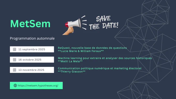 Programmation des séances de l'automne, à retrouver en ligne sur metsem.hypotheses.org
