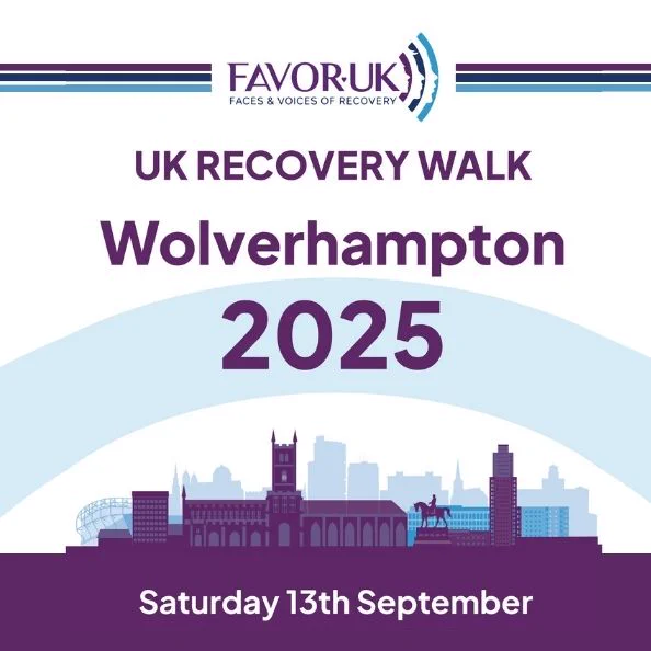 UK Recovery Walk Wolverhampton 2025, Saturday 13 September. Image of Wolverhampton skyline and FAVOR UK logo
