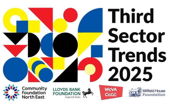 image reading third sector trends report 2025 on the right. Abstract logo on the left in colours yellow, blue, red and black showing triangles and circles. Logos of funders underneath.