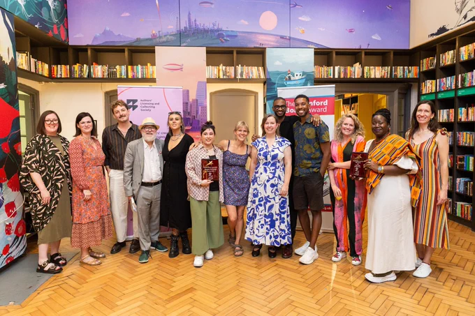 A photograph showing the six authors and the seven editors shortlisted for this year's Branford Boase Award.