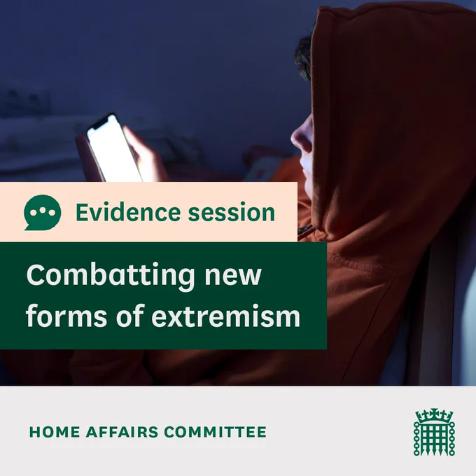 A picture of a young man looking at his mobile phone with the words over the top saying "Evidence session. Combatting new forms of extremism. Home Affairs Committee"