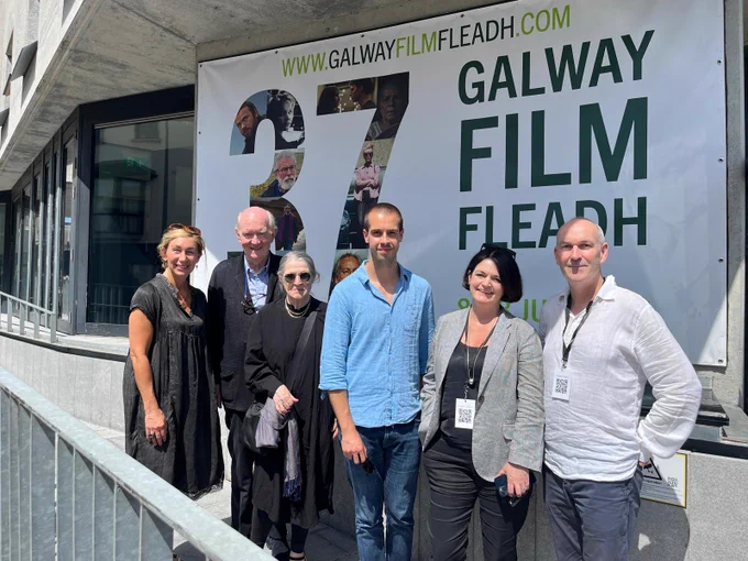 Group photo in front of the Palás cinema - Kerry McCall Magan Director British Council Ireland, Architect Shane de Blacam, Oona (his wife), Film Maker Marko Milovanovic (from the Royal College of Art and the Architecture Association), Fionnuala Sweeney, Head of Film in The Arts Council Ireland and Frank Monaghan, Architecture on the Edge.