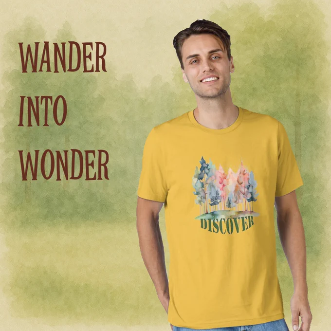 A watercolor design showing a forest with colorful trees in pastel shades and the word DISCOVER in bold green lettering. The design evokes a sense of curiosity and connection with nature. Ideal for nature lovers and those who enjoy motivational quote art.