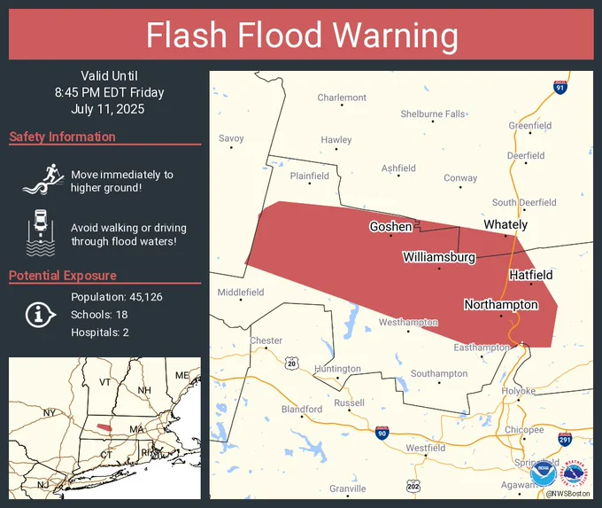This graphic displays a flash flood warning plotted on a map. The warning is in effect until 8:45 PM EDT. The warning includes Northampton MA, Hatfield MA and Hadley MA.  This warning is for Southwestern Franklin County in western Massachusetts and Northwestern Hampshire County in western Massachusetts. Avoid walking or driving through flood waters! Move immediately to higher ground! There are 45,126 people in the warning along with 18 schools and 2 hospitals.