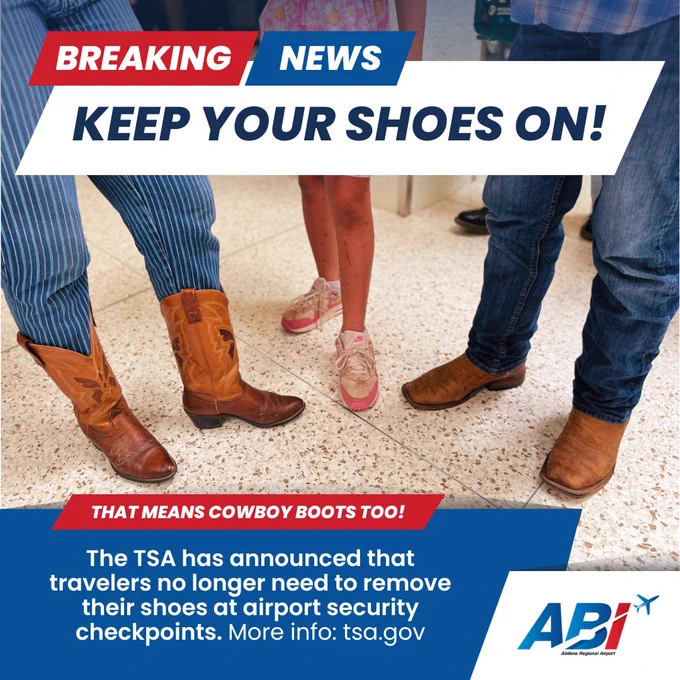 Breaking news graphic stating, 'KEEP YOUR SHOES ON! The TSA has announced that travelers no longer need to remove their shoes at airport security checkpoints.' Includes an image of four people's feet wearing various shoes, including boots and sneakers. More info at tsa.gov.