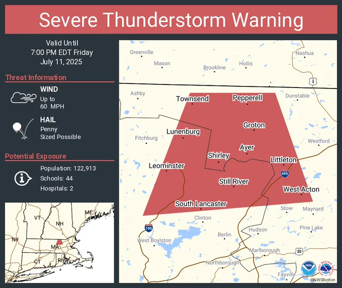 This graphic displays a severe thunderstorm warning plotted on a map. The warning is in effect until 7:00 PM EDT. The warning includes Leominster MA, Ayer MA and Pepperell MA.  This warning is for Northeastern Worcester and North Central Middlesex Counties. The threats associated with this warning are wind gusts up to 60 MPH and penny sized hail. There are 122,913 people in the warning along with 44 schools and 2 hospitals.