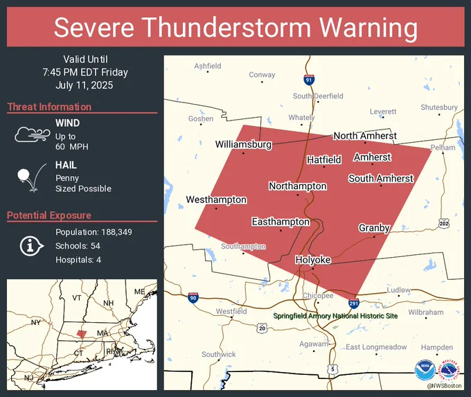 This graphic displays a severe thunderstorm warning plotted on a map. The warning is in effect until 7:45 PM EDT. The warning includes Holyoke MA, Northampton MA and Amherst MA.  This warning is for South central Hampshire County in western Massachusetts, Central Franklin County in western Massachusetts and Central Hampden County in western Massachusetts. The threats associated with this warning are wind gusts up to 60 MPH and penny sized hail. There are 188,349 people in the warning along with 54 schools and 4 hospitals.