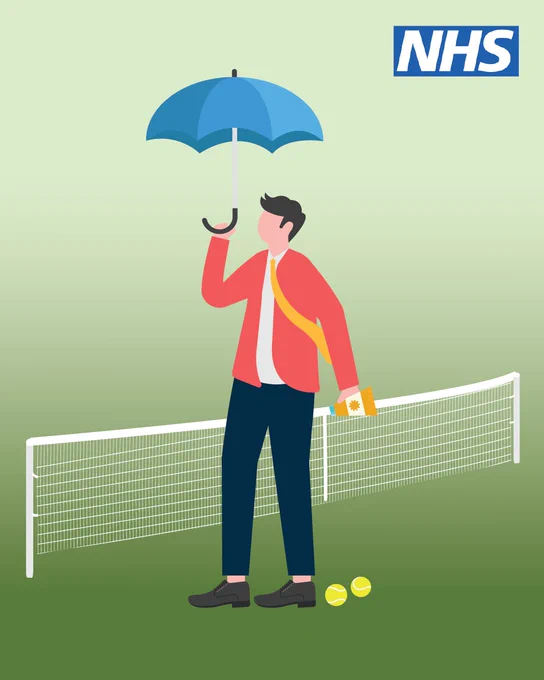 A cartoon illustration of a man stood in front of a white tennis net with a green background. He is holding an umbrella and a bottle of suncream, and there are tennis balls at his feet. 