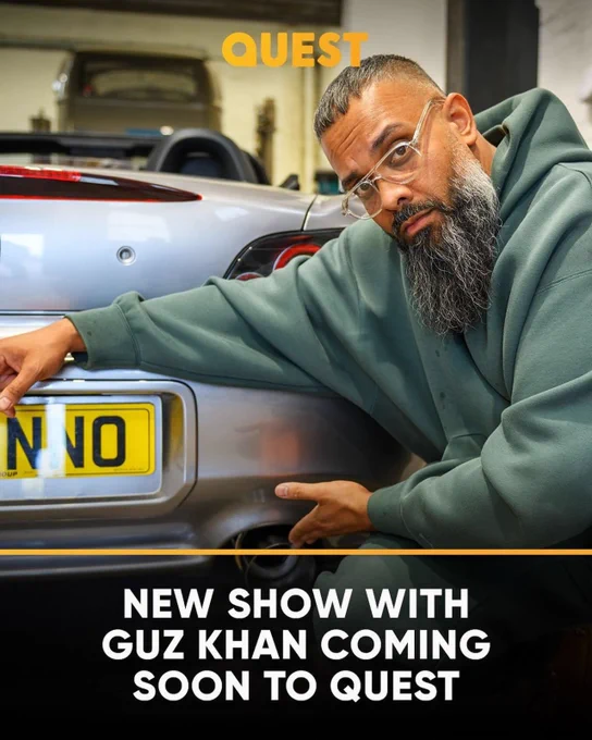Guz Khan kneels next to the back of a car, wearing a green hoodie and glasses with text that says "New Show With Guz Khan Coming Soon to Quest"
