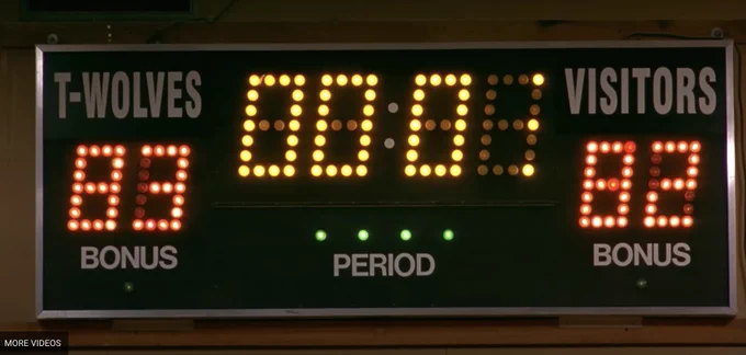 A scoreboard showing a final score of 83-82