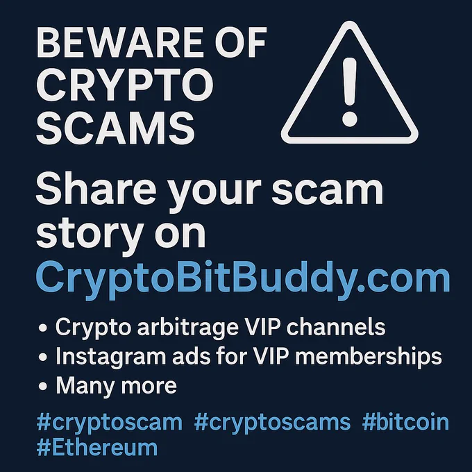 SCAM ALERT: Crypto Arbitrage VIP Channels 🚨”

Subtext: “Real stories of how people got scammed. Learn before you lose.”

A fake VIP Telegram ad mockup in the background.

CTA: “Read full stories on 👉 CryptoBitBuddy.com”