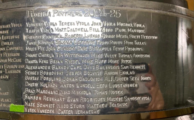 The section of the Stanley Cup with all the names from this year engraved. 