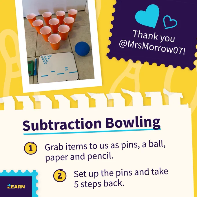 Subtraction Bowling game setup illustrated on an educational poster. Instructions include grabbing items such as pins represented by cups, a ball, paper, and pencil, then setting up the pins and stepping back to play. Thanks to @MrsMorrow07 for the idea, featured in a brightly colored graphic with decorative elements.