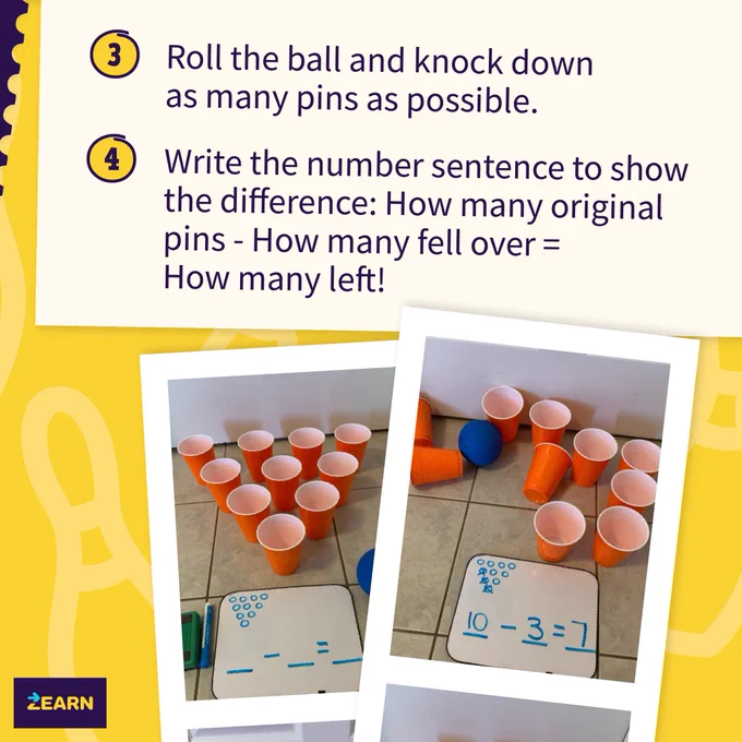 Educational activity setup with cups arranged like bowling pins on a tiled floor. Instructions prompt calculating remaining pins after some are knocked down by rolling a ball, with math problems demonstrated in images.