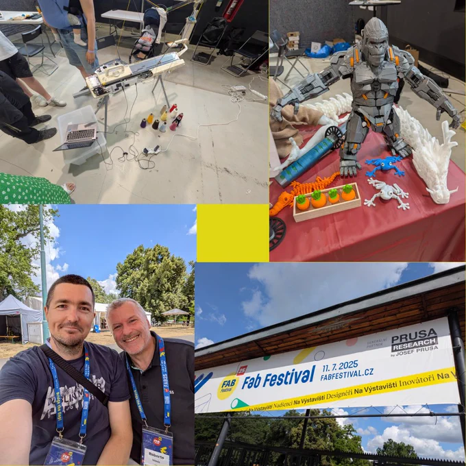 Collage of scenes from a Fab Festival event: a busy workshop with tools and filament spools; a display table featuring colorful 3D printed objects and a robotic model; two attendees standing outdoors with event badges; and a promotional banner for the Fab Festival on July 11, 2025, by Prusa Research.