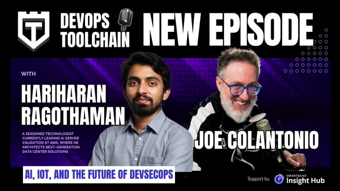 Podcast cover for "DevOps Toolchain" featuring hosts Hariharan Ragothaman and Joe Colantonio, discussing AI, IoT, and DevSecOps.