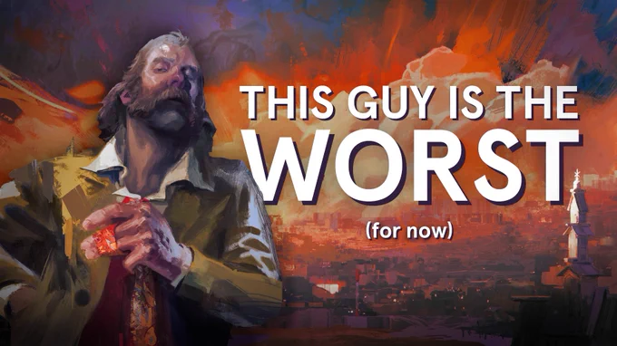 An edited thumbnail: the background is a painterly scene of a large, paris-inspired city under a bright billowing orange-and-purple sunset, a church with a shining steeple closest to frame. On the left, superimposed on the backdrop, is a picture of a man, still rendered in visible brushstrokes: he has impressive grey-brown mutton chops, rosy cheeks and nose, and is wearing a green jacket over a white collared shirt and tie, the last of which he's got held curiously in his left hand. His face is upturned, giving the viewer a disdainful, proud look. On the right of this man, slightly layered behind, is bold white text with a drop shadow: "This guy is the WORST." Underneath a small paranthetical: "for now.)