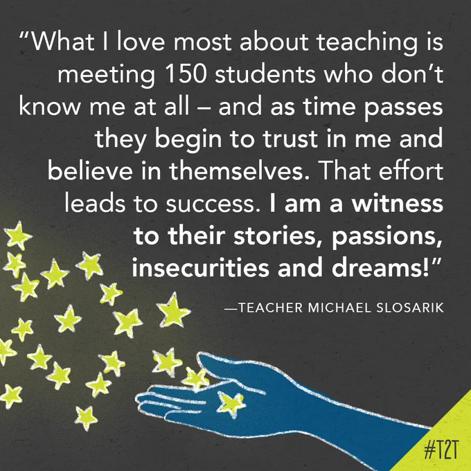 "What I love most about teaching is meeting 150 students who don't know me at all – and as time passes they begin to trust in me and believe in themselves. That effort leads to success. I am a witness to their stories, passions, insecurities and dreams!" —Teacher Michael Slosarik