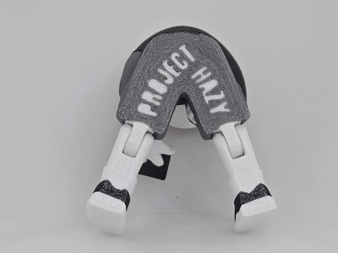Close-up of Hazy’s legs from beneath, revealing “Project Hazy” text printed into the back of the shorts.