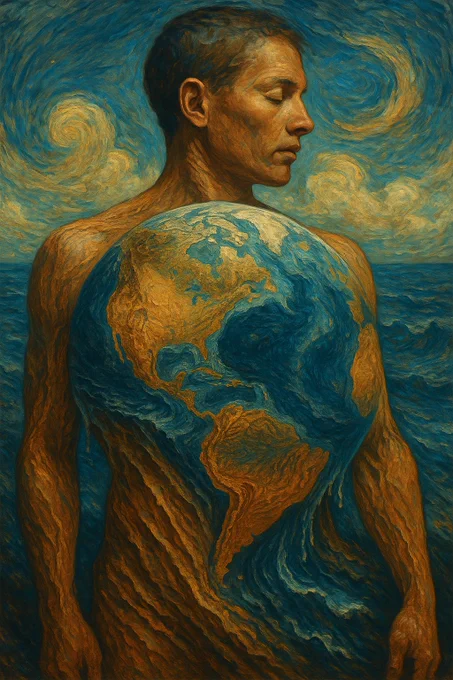 A digital painting shows a human figure overlaid with the detailed terrain of Earth. The person’s skin seamlessly merges with geographic textures—mountain ridges, valleys, and canyons—revealed as if the world’s oceans have been drained away. The image highlights swirling, spiral patterns reminiscent of fascia and Van Gogh’s brushwork, visually connecting the landscape of the body with the living terrain of the planet. The overall mood is vibrant, interconnected, and organic.