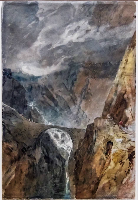 A dramatic watercolor landscape depicting the Devil’s Bridge spanning the deep Schöllenen Gorge in Switzerland, painted by J.M.W. Turner in 1802. Jagged cliffs rise sharply under a swirling storm-filled sky, while a narrow path leads to the stone bridge arching above a dark chasm and cascading water below. 

Source:
J.M.W. Turner, The Devil’s Bridge and Schöllenen Gorge, 1802. Tate Britain. Photo by Didier Descouens.