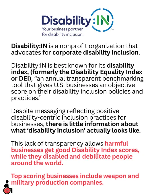 Disability:IN is a nonprofit organization that advocates for corporate disability inclusion.
Disability:IN is best known for its disability index, (formerly the Disability Equality Index or DEI), “an annual transparent benchmarking tool that gives U.S. businesses an objective score on their disability inclusion policies and practices.”
Despite messaging reflecting positive disability-centric inclusion practices for businesses, there is little information about what ‘disability inclusion’ actually looks like.
This lack of transparency allows harmful businesses get good Disability Index scores, while they disabled and debilitate people around the world. 
Top scoring businesses include weapon and military production companies. 
