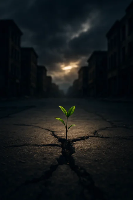A cracked concrete sidewalk runs through a gritty cityscape, but in the center of the frame, a small green plant pushes up through the crack, reaching toward a sliver of golden sunlight cutting through stormy gray clouds above. The scene is moody, with rough textures and shadows hinting at struggle, yet the plant stands tall — defiant, delicate, and full of life. The background buildings are blurred and worn, representing the chaos and noise of the world, while the focus remains sharply on that one fragile stem. There’s no movement, just a quiet intensity — a silent message of resilience, growth, and power born from persistence.