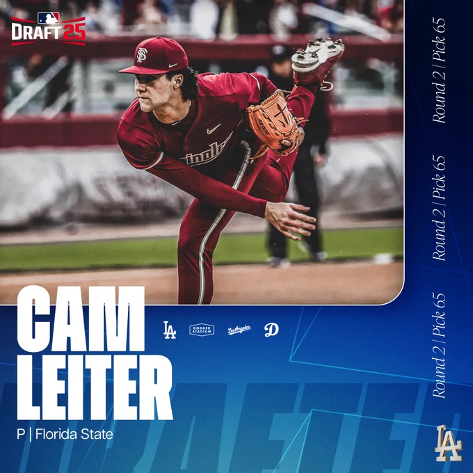 A graphic for pitcher Cam Leiter from Florida State for the MLB Draft. He was picked 65 in Round 2.