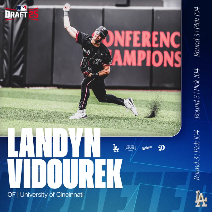 A graphic for outfielder Landyn Vidourek from the University of Cincinnati for the MLB Draft. He was picked 104th in Round 3.