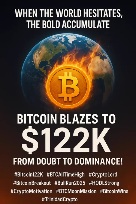 🌍 When The World Hesitates, The Bold Accumulate 🔥

In an electrifying turn of events, Bitcoin blazes past $122,000, smashing previous all-time highs and proving once again why it remains the undisputed king of digital assets. 🚀💎 From global doubt to unstoppable dominance, Bitcoin’s surge reflects renewed institutional interest, increasing retail demand, and growing global adoption.

As traders and investors around the world pause in uncertainty, the bold continue to accumulate—seizing this historic moment to solidify their positions in the next phase of the bull run. The energy in the crypto markets is electric: optimism is soaring, and #Bitcoin122K has become the latest rallying cry for enthusiasts everywhere.

In this video, we break down:
✅ What drove Bitcoin to this explosive new peak
✅ How macroeconomic factors and institutional buying power fueled the rally
✅ The psychological power of breaking all-time highs and what it means for market sentiment
