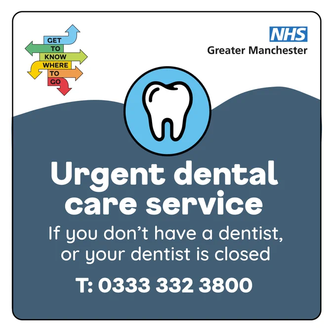 Visual contains image of a tooth. Text reads urgent dental care service. If you don’t have a dentist or your dentist is closed, call 0333 3323800