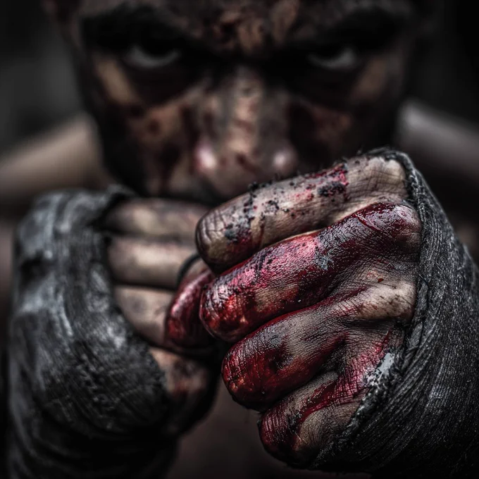 A close-up of a man's bloodied and bruised fists wrapped in worn black hand wraps, held in a defensive boxing stance. His intense eyes glare from the shadows behind his fists, conveying pain, rage, and determination. The image evokes the brutality of conflict and the toll of violence.