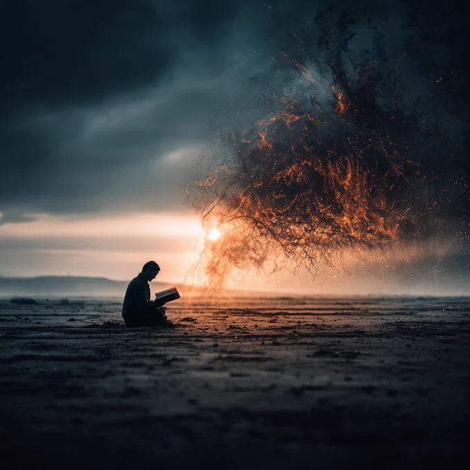 A lone figure sits on an empty landscape at sunset, reading a book. From its pages, a storm of fire and smoke erupts into the sky, resembling a spreading blaze of ideas. The scene is cinematic, evoking the power of truth igniting change.