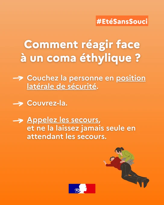 Affiche d'information en français sur fond orange, intitulée « Comment réagir face à un coma éthylique ? » avec trois étapes : 1) Couchez la personne en position latérale de sécurité, 2) Couvrez-la, 3) Appelez les secours et ne la laissez jamais seule en attendant les secours. Un hashtag #EtéSansSouci est en haut à droite, un dessin en bas à droite montre une personne allongée en position latérale de sécurité assistée par une autre, et le logo du gouvernement français est en bas au centre.