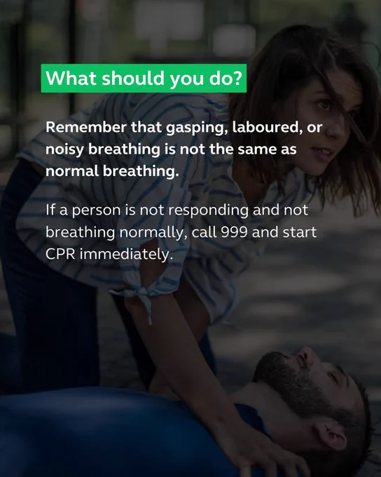 A text overlay, titled "What should you do?" in bold green, advises that gasping, laboured, or noisy breathing is not normal. It instructs that if a person is unresponsive and not breathing normally, call 999 and begin CPR immediately.