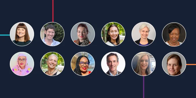 12 circle-shaped profile images of the Academy's Networking Grants and Network Strengthening Grants awardees in 2 rows of 6 against a navy blue background